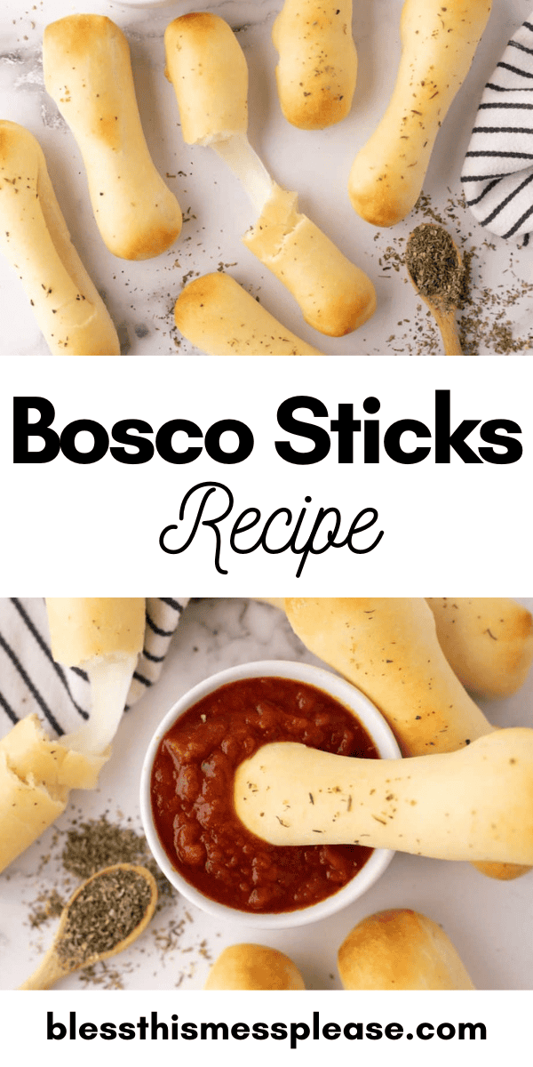 Pinterest pin with text that reads Bosco Sticks Recipe.