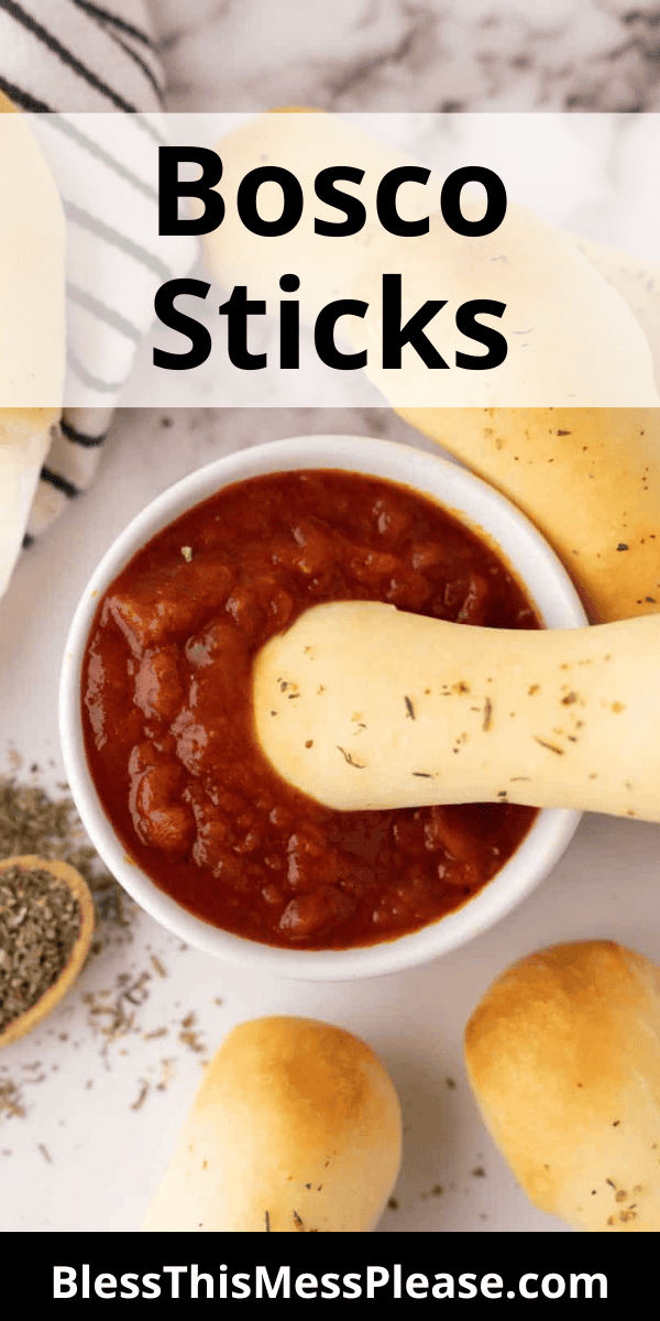 Pinterest pin with text that reads Bosco Sticks Recipe.