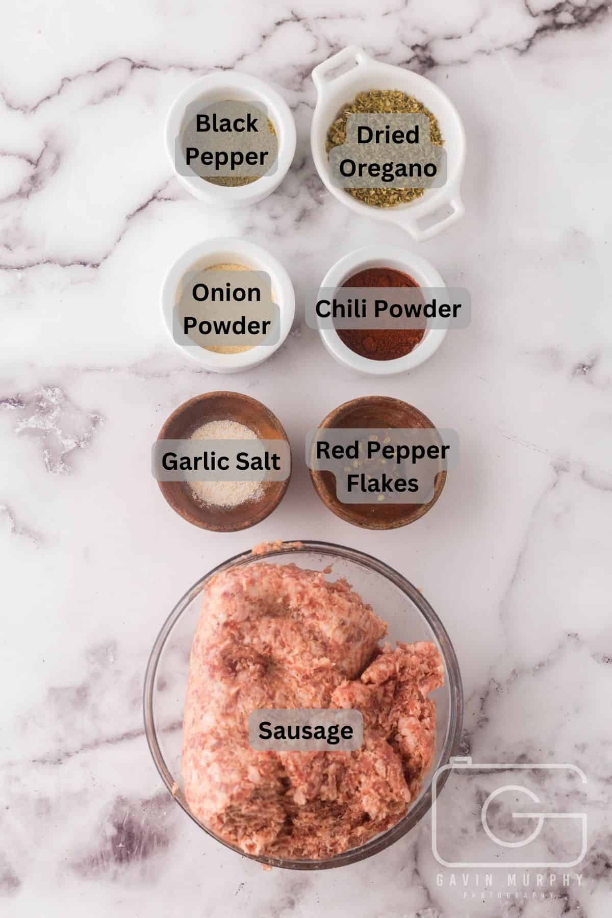 Digitally labeled ingredients that are portioned out in bowls to make breakfast sausage.