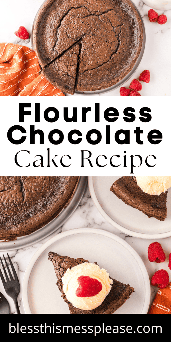 Pinterest pin with text that reads Flourless Chocolate Cake Recipe.