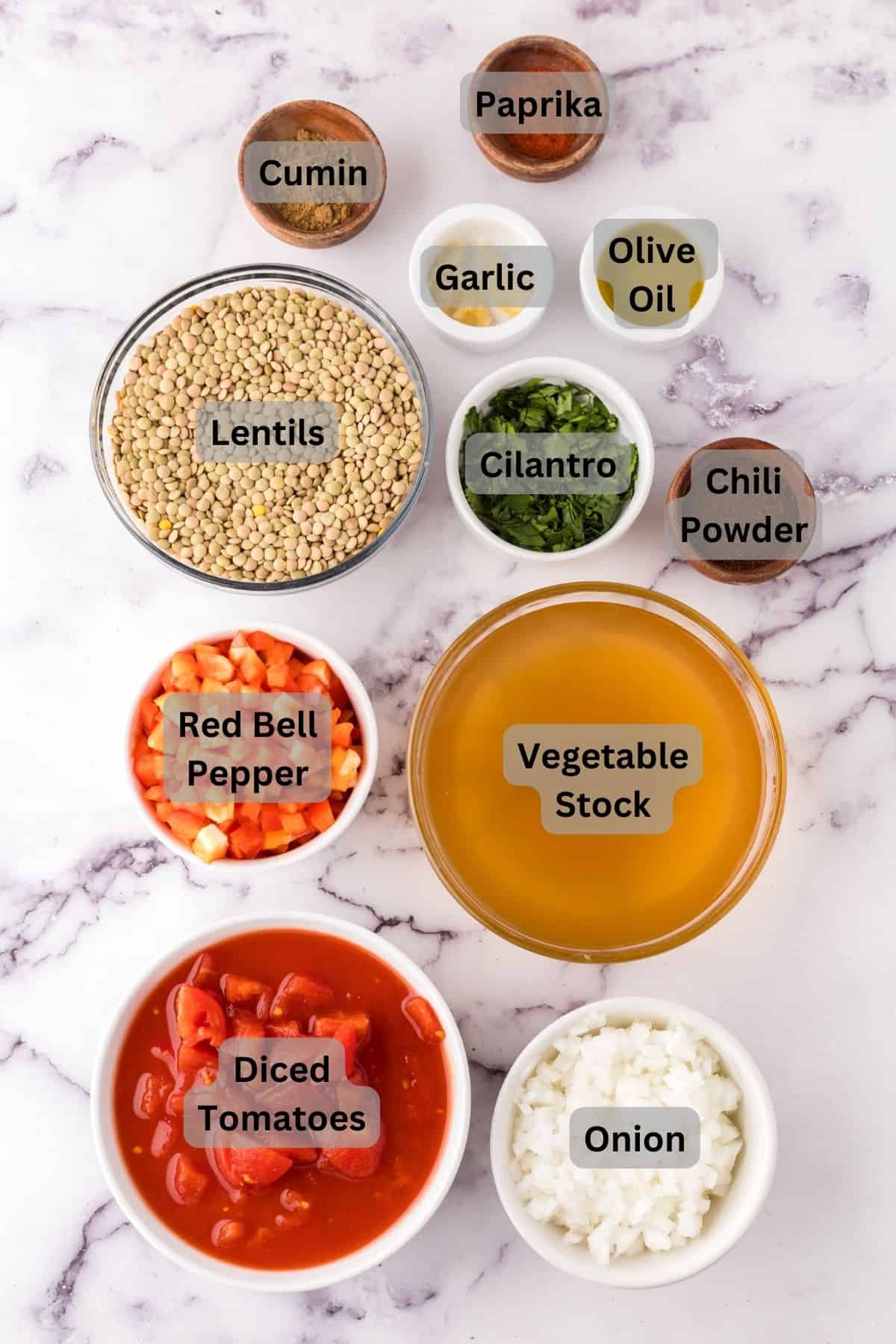 portion bowls each with digitally labeled raw ingredients to make healthy lentil chili.