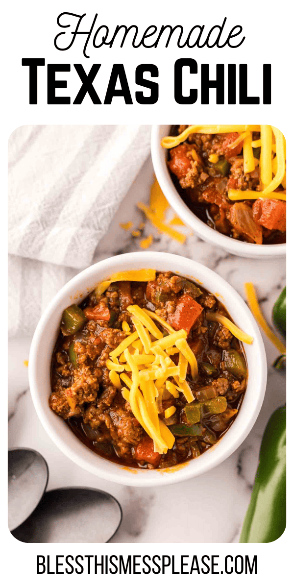 Pinterest pin with text that reads homemade Texas chili.