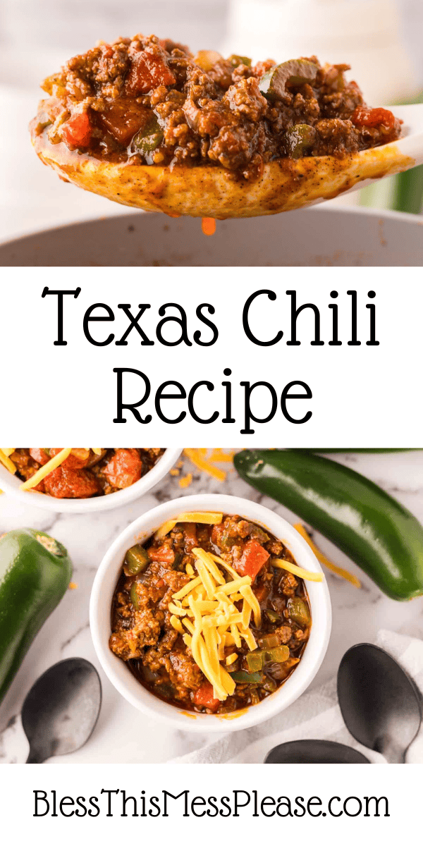 Pinterest pin with text that reads Texas chili recipe.