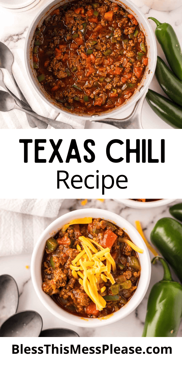 Pinterest pin with text that reads Texas chili recipe.