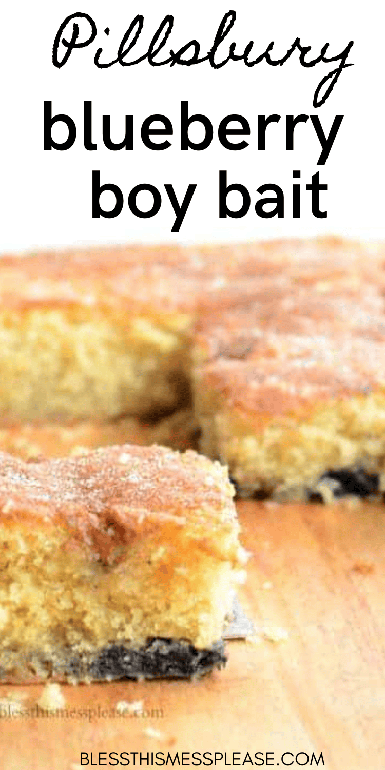 Squares of blueberry boy bait, a golden cake with a lightly sugared top, rest invitingly on a wooden surface. The image features the text Pillsbury blueberry boy bait alongside the website URL blessthismessplease.com.