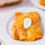 cheese enchiladas on a white plate with sour cream on top.