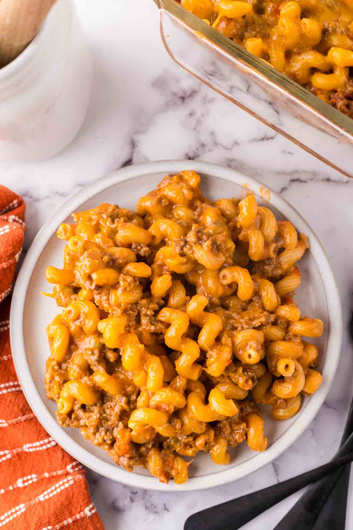 cheeseburger casserole recipe on a round grey plate.