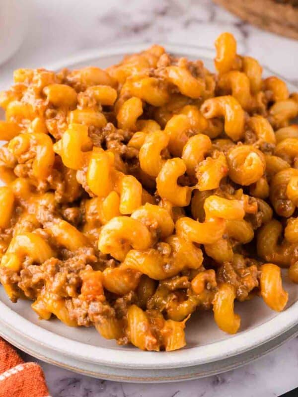 cheeseburger casserole recipe on a round grey plate.