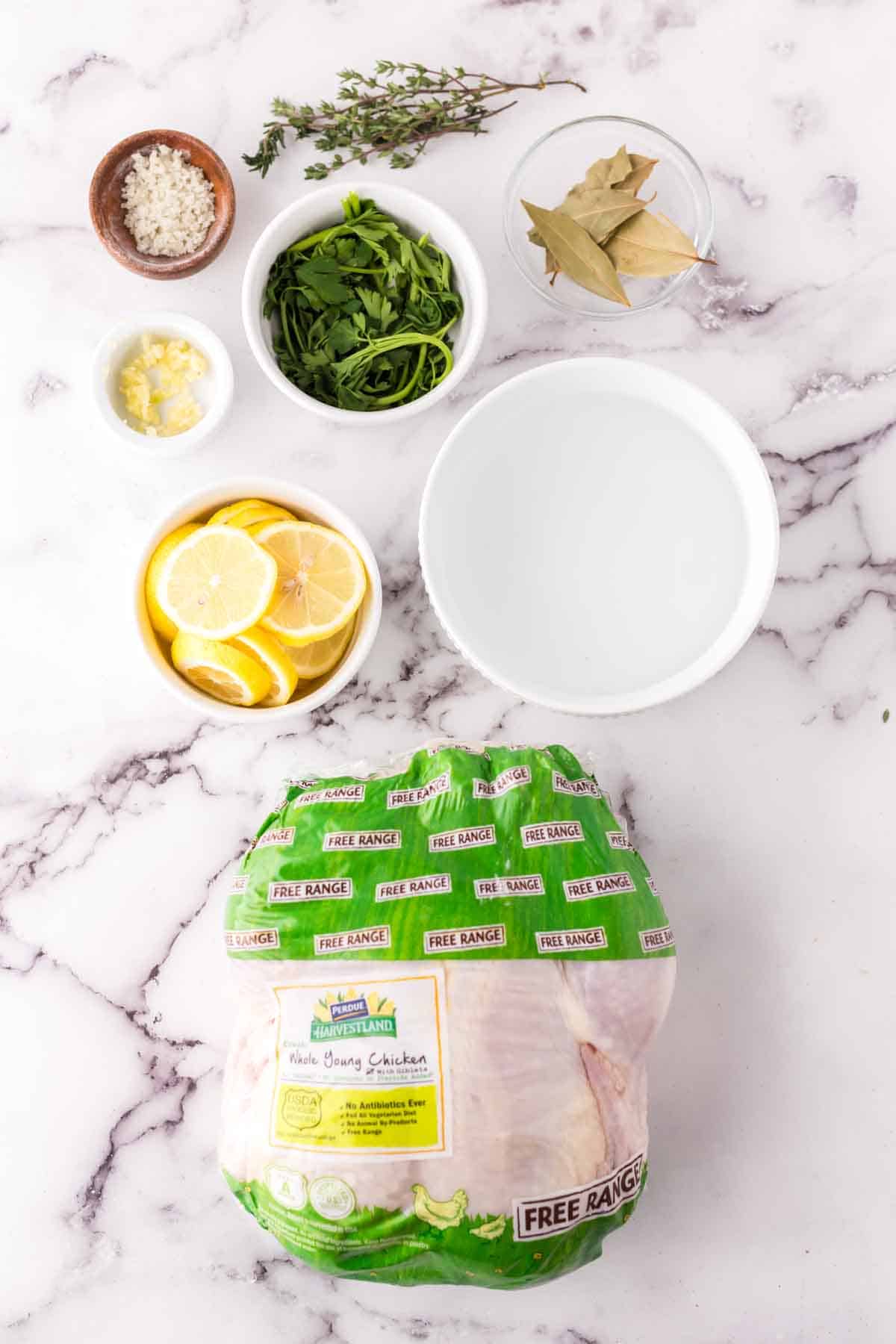 portion bowls each with raw ingredients to make a fresh chicken brine.