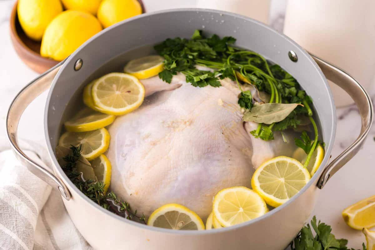 whole chicken in a large stock pot brining in sliced lemon and herbs.