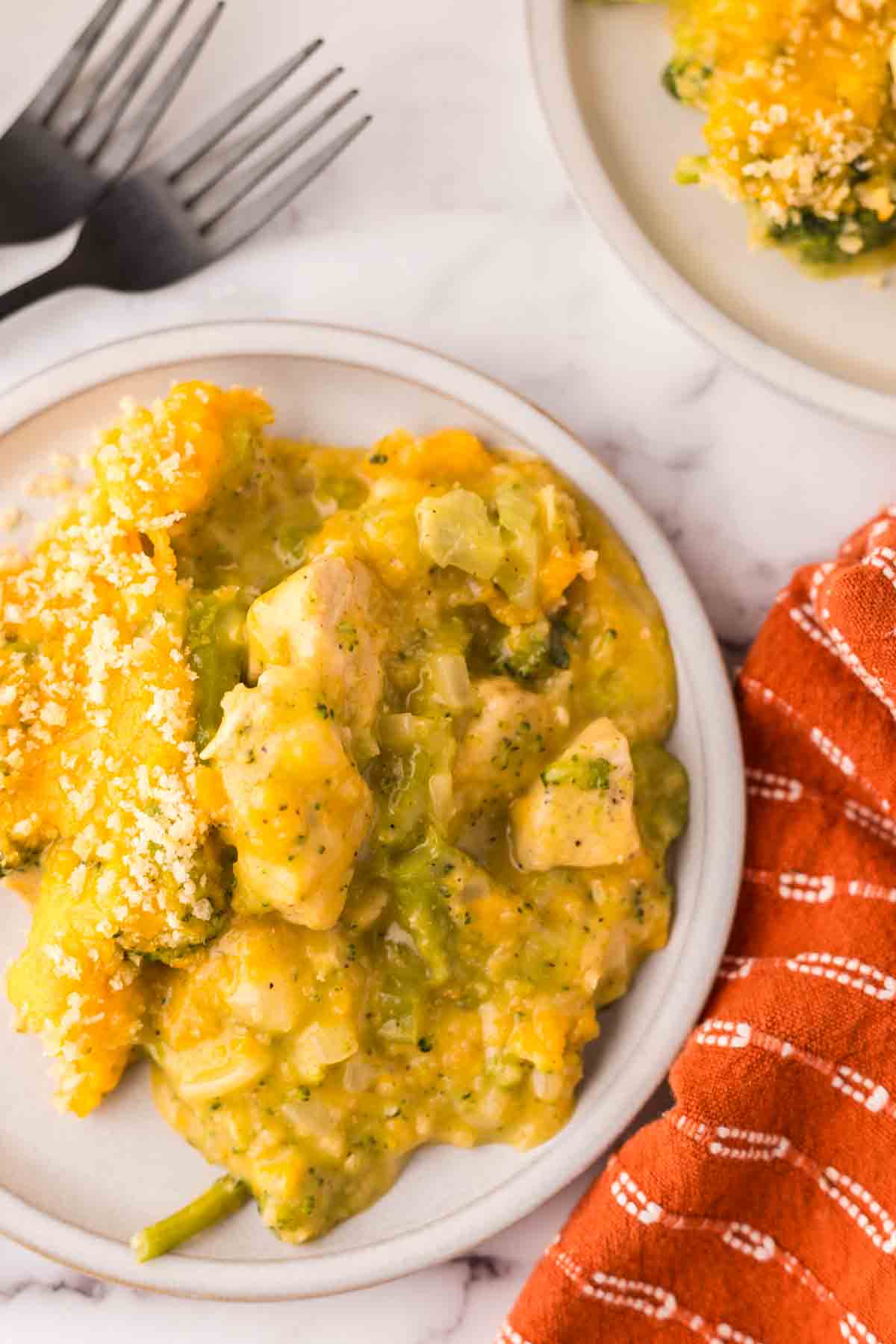 Chicken divan recipe served onto a round plate.