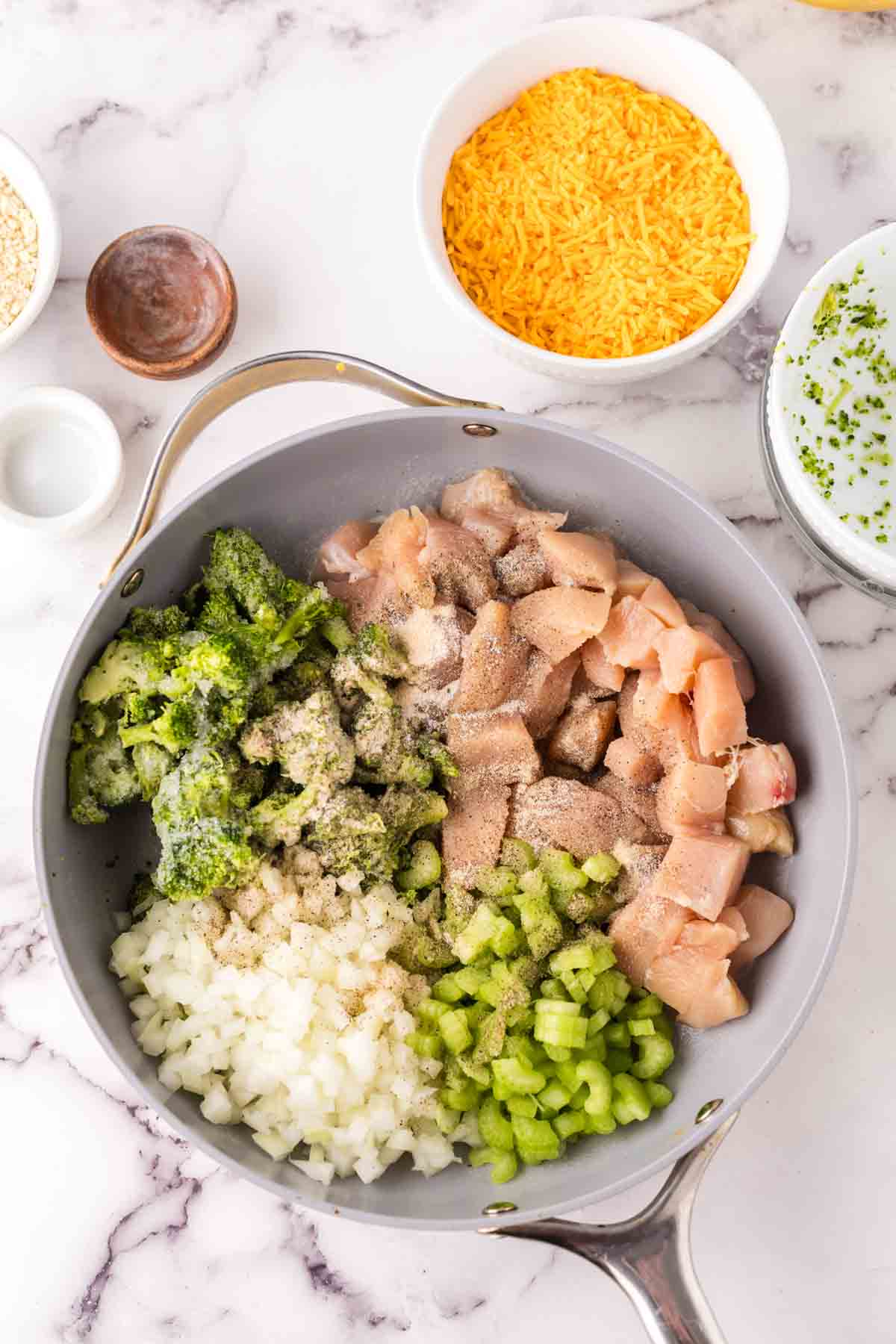 large pot with ingredients in progress to make the chicken divan recipe.