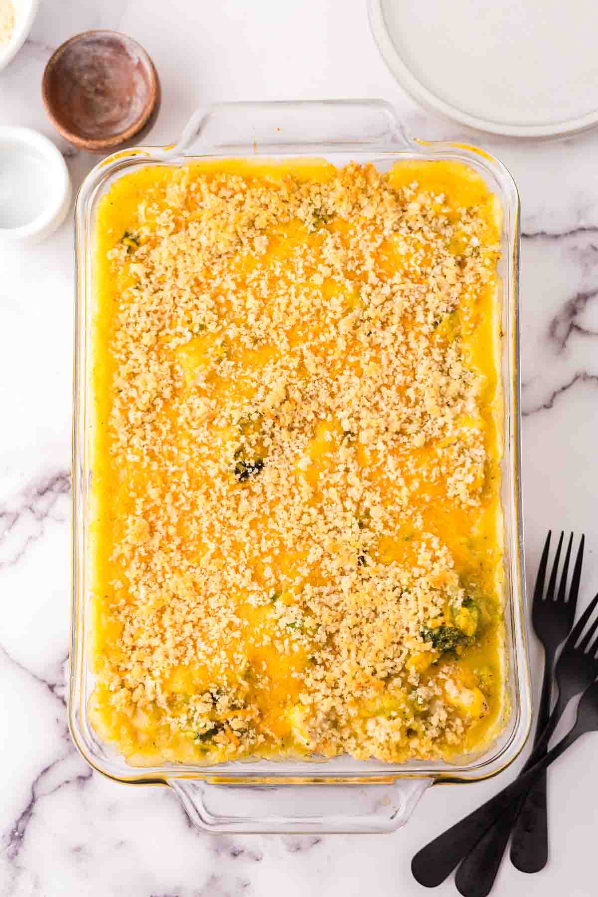 baked casserole dish with the chicken divan recipe ready to serve.