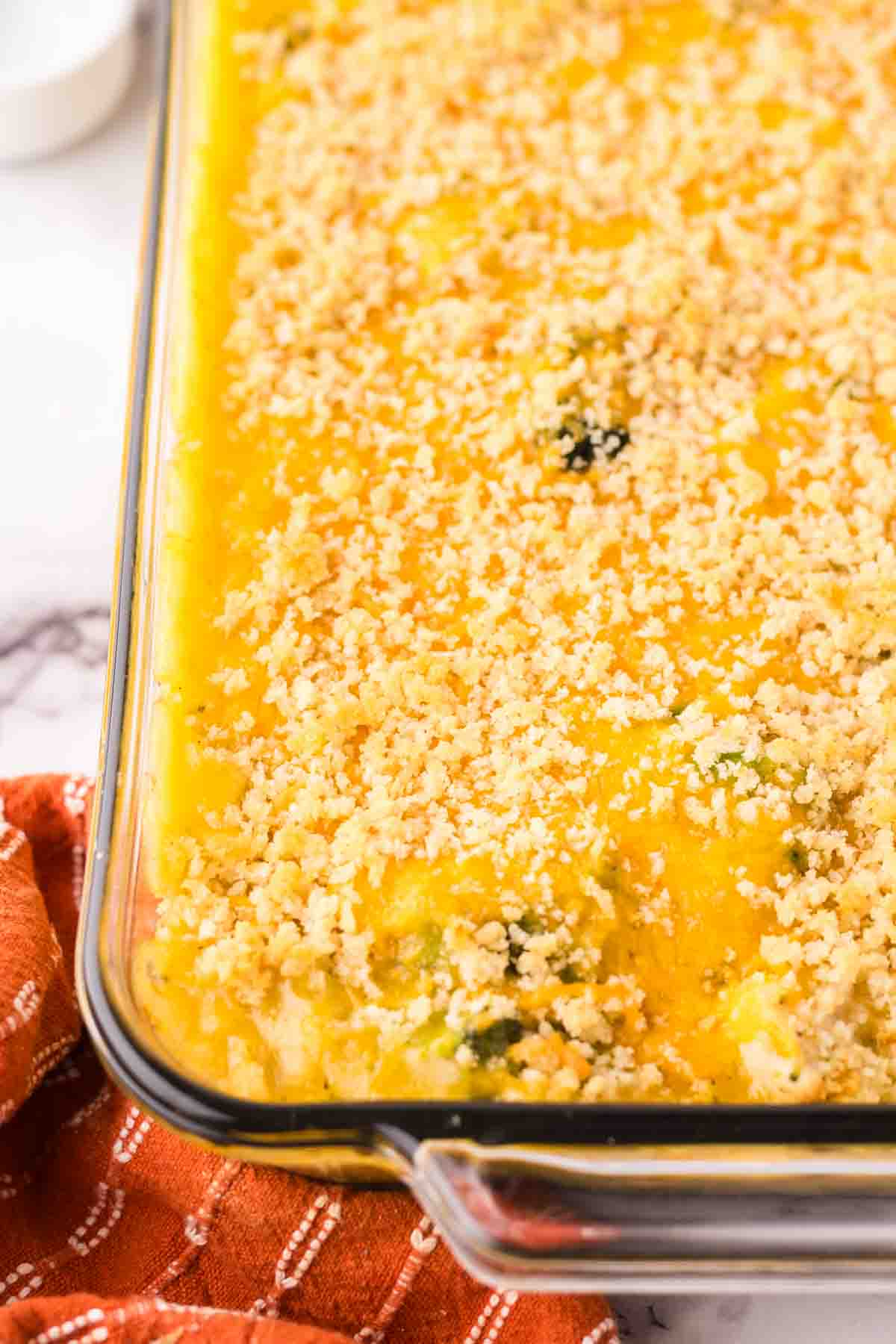 baked casserole dish with the chicken divan recipe ready to serve.