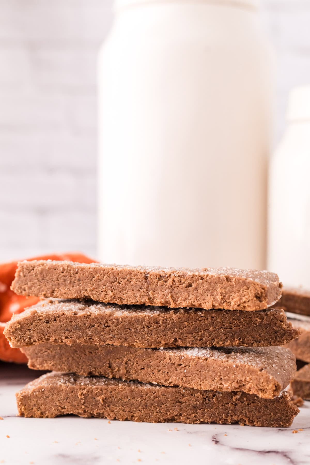 a stack of wedge slices of the chocolate shortbread.