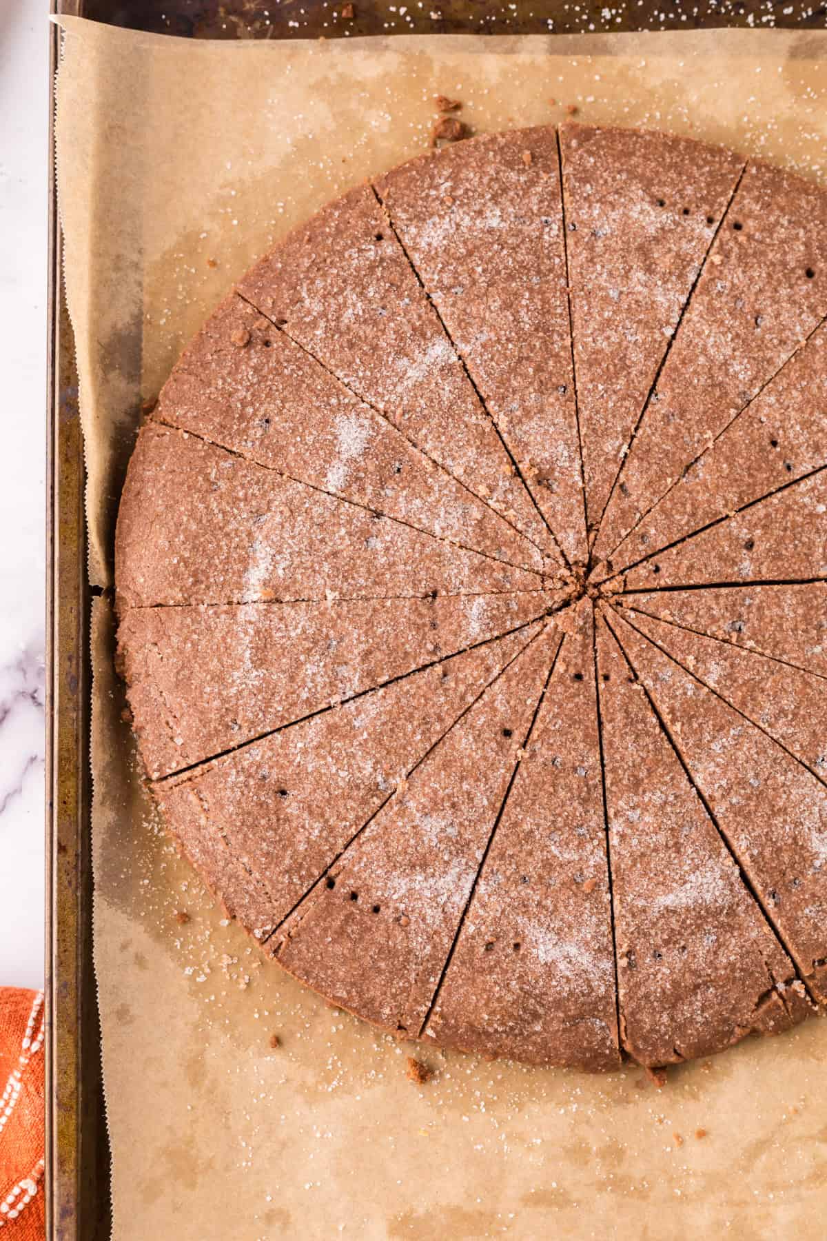 baking sheet with parchment and a delicious baked round chocolate shortbread.