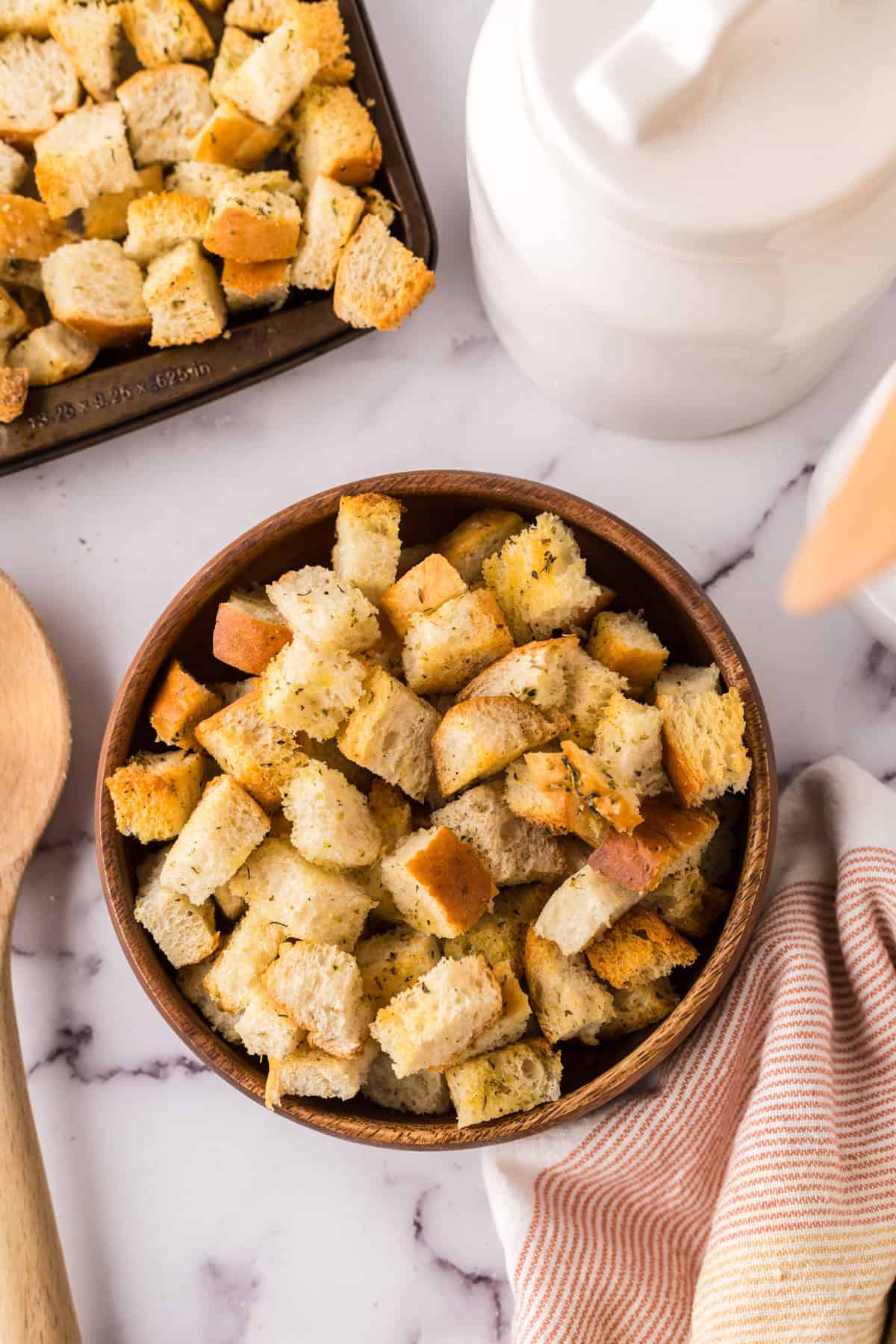 wooden bowl full homemade crouton recipe.