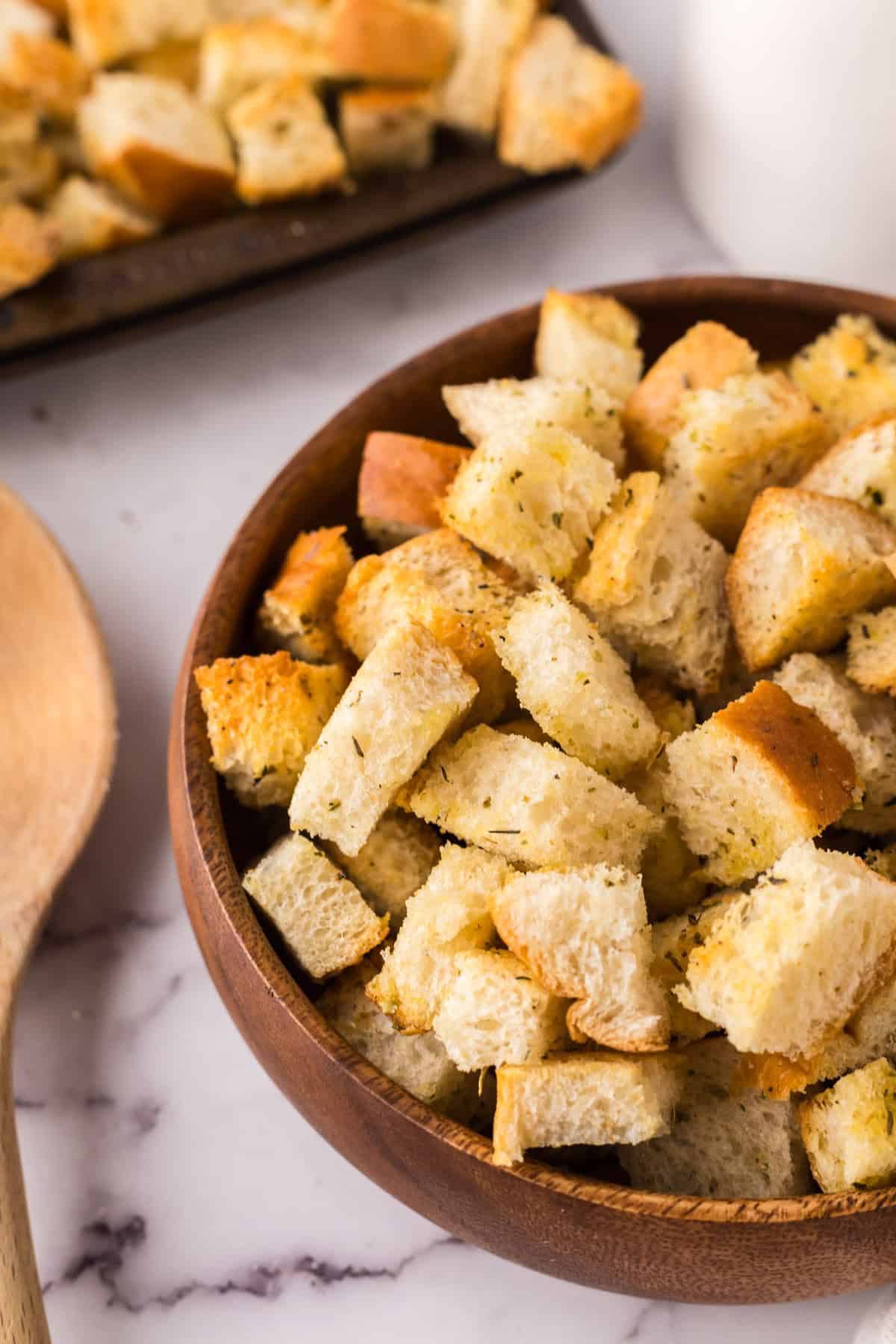 wooden bowl full homemade crouton recipe.