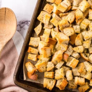 bakings sheet fresh from the oven with homemade crouton recipe.