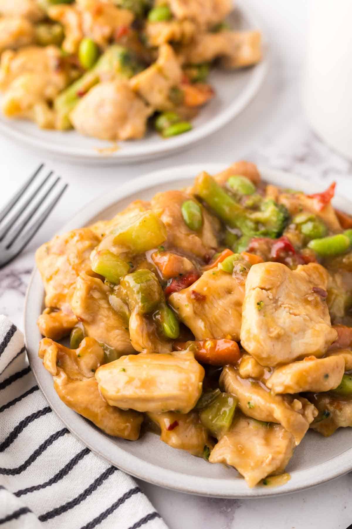 round dinner plate with kung pow chicken recipe.