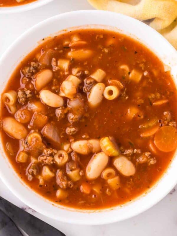 small white bowl with pasta fagioli soup recipe.