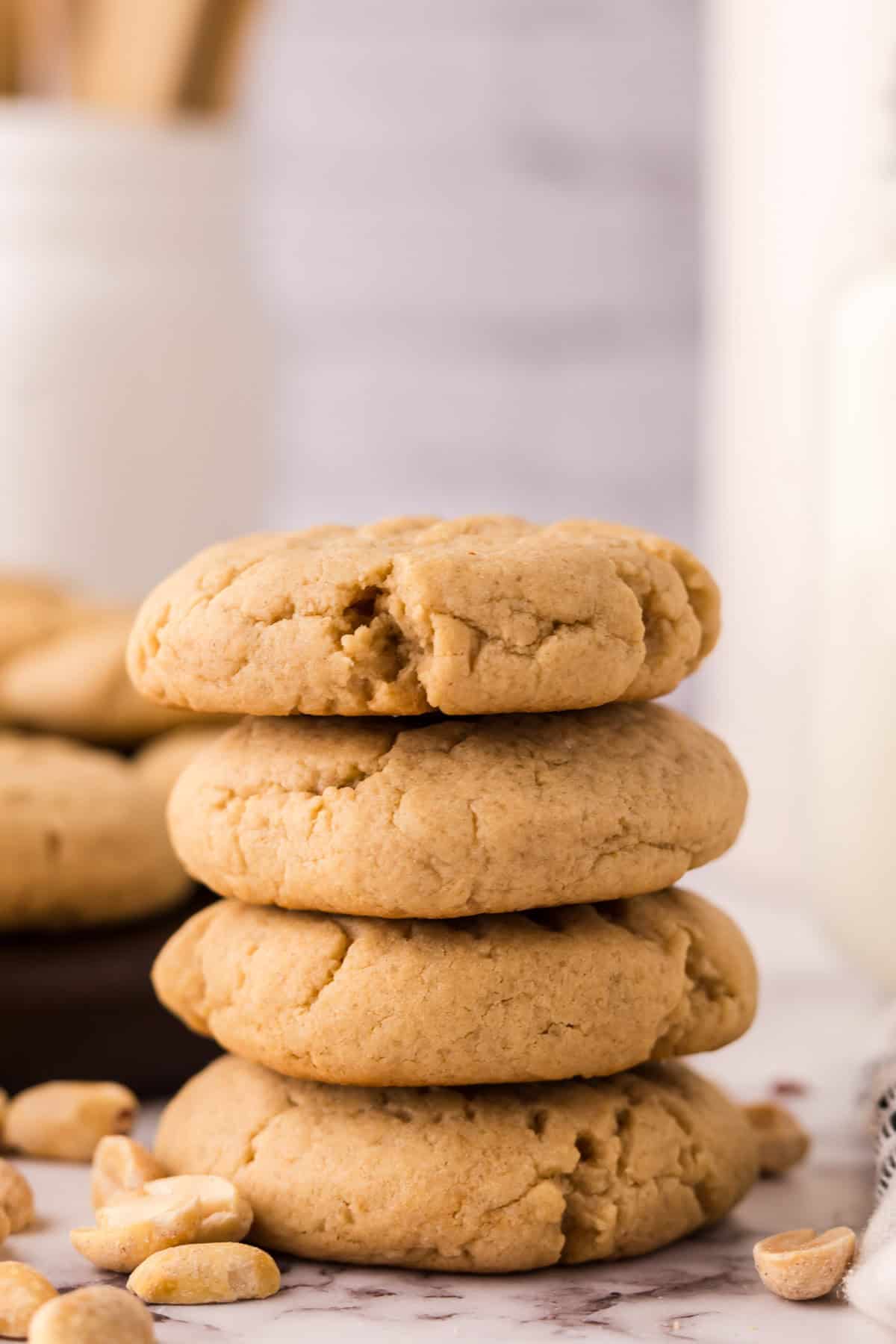peanut butter cookies in a stack.