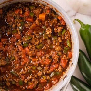 soup pan with the process of making Texas chili.