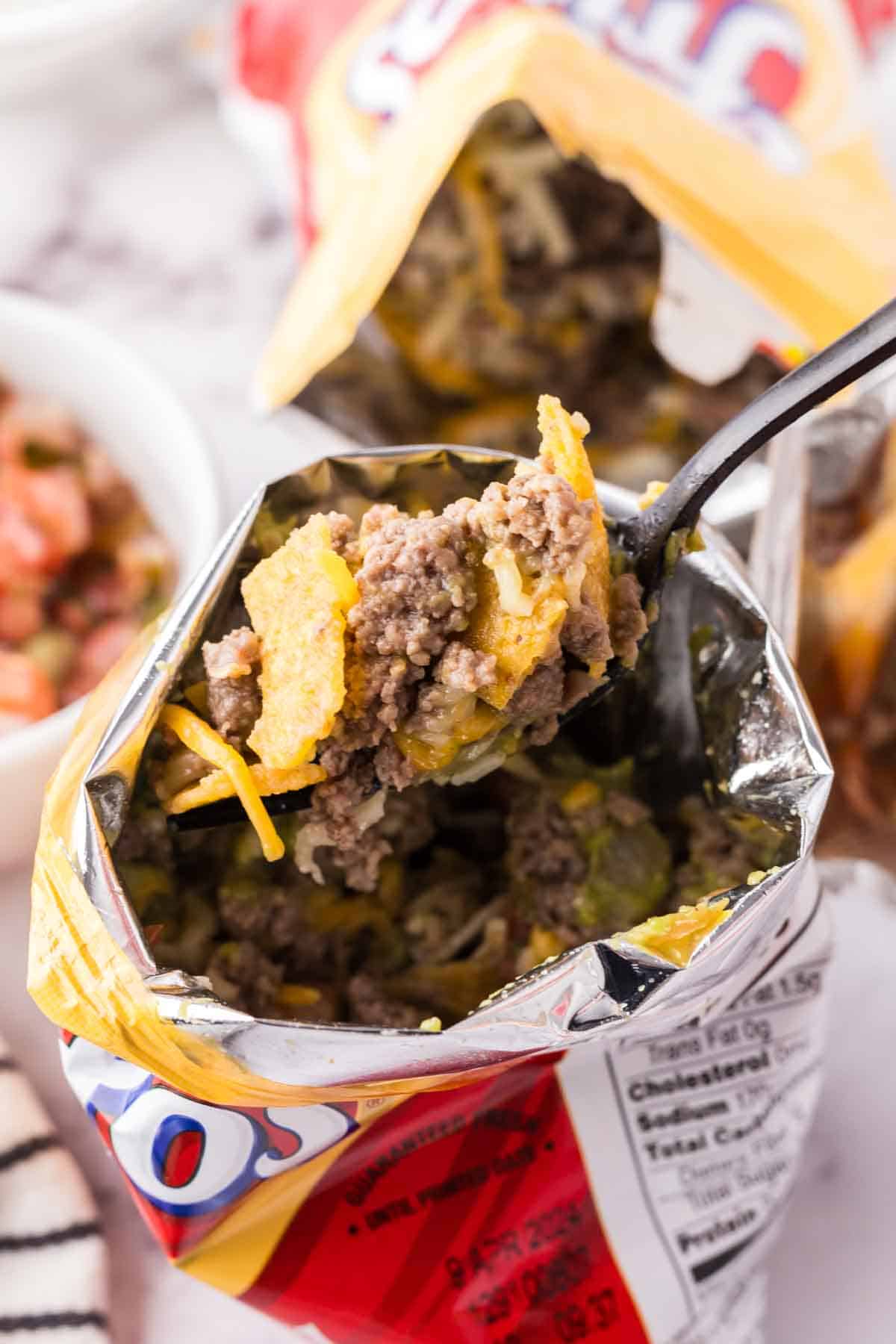 Fritos small chip bag with walking taco recipe inside.