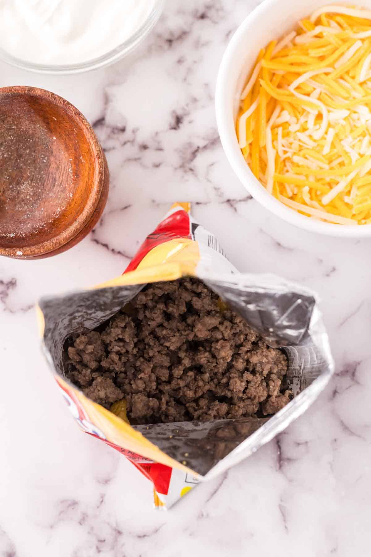 ground beef in a bag of fritos for the walking tacos recipe.