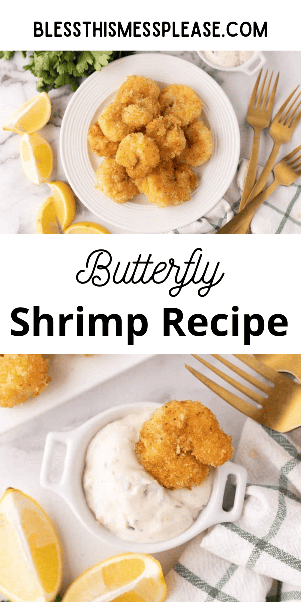Pinterest pin with text that reads Butterfly Shrimp Recipe.