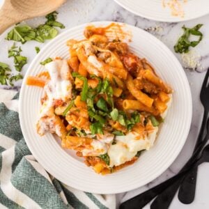 white plate with one pot baked ziti recipe.