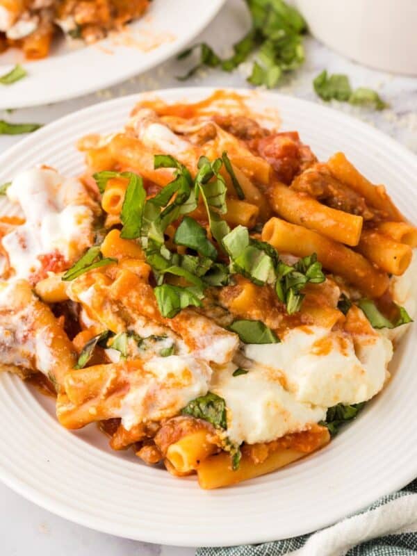 white plate with one pot baked ziti recipe.