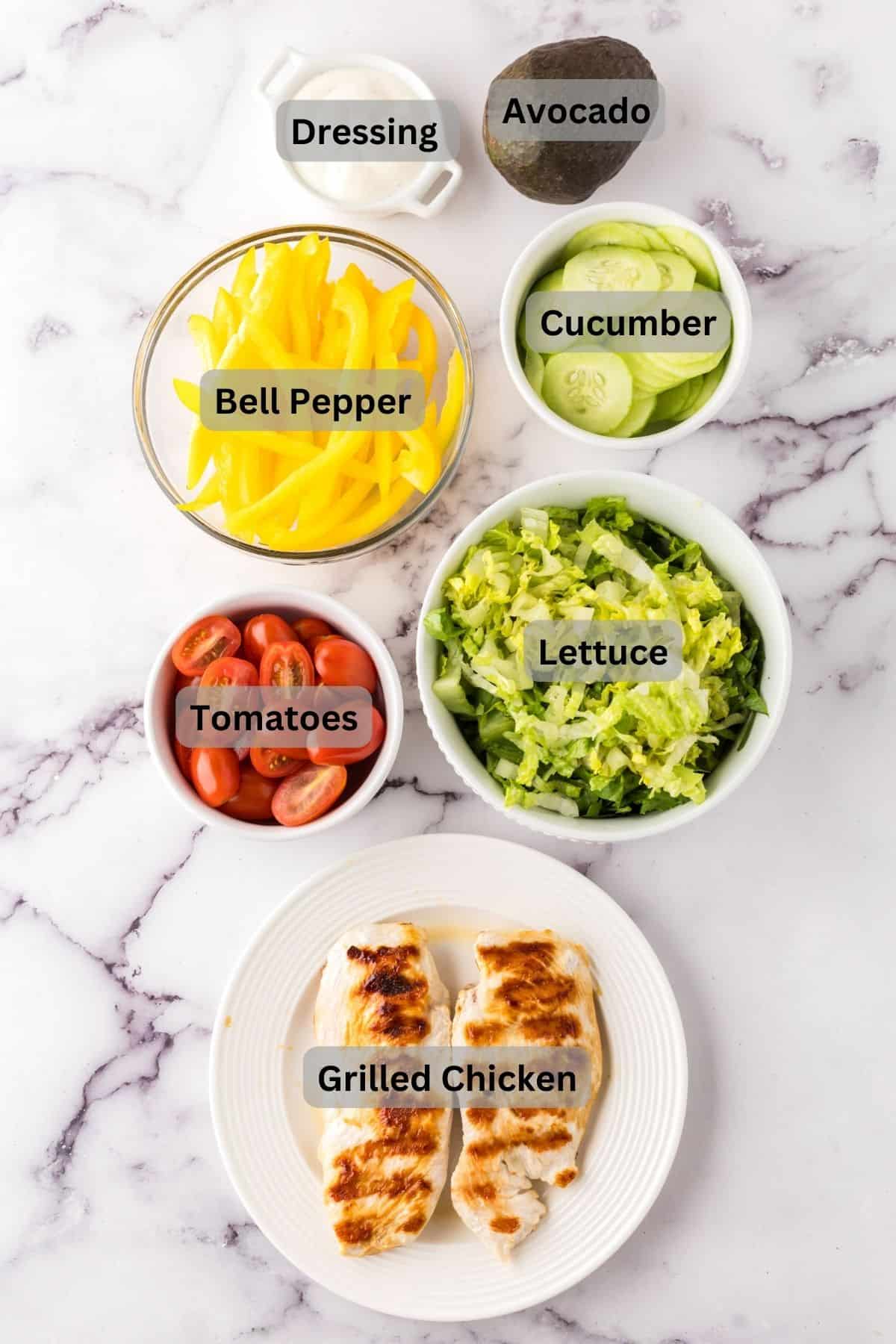 portion bowls each with digitally labeled raw ingredients to make rainbow grilled chicken salad.