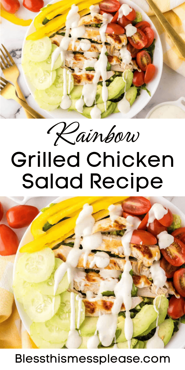 Pinterest pin with text that reads grilled chicken salad recipe.