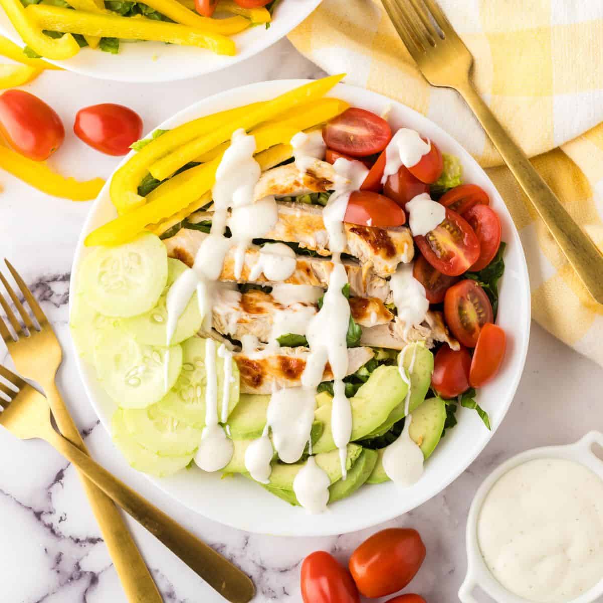 rainbow Grilled chicken salad on a white plate.