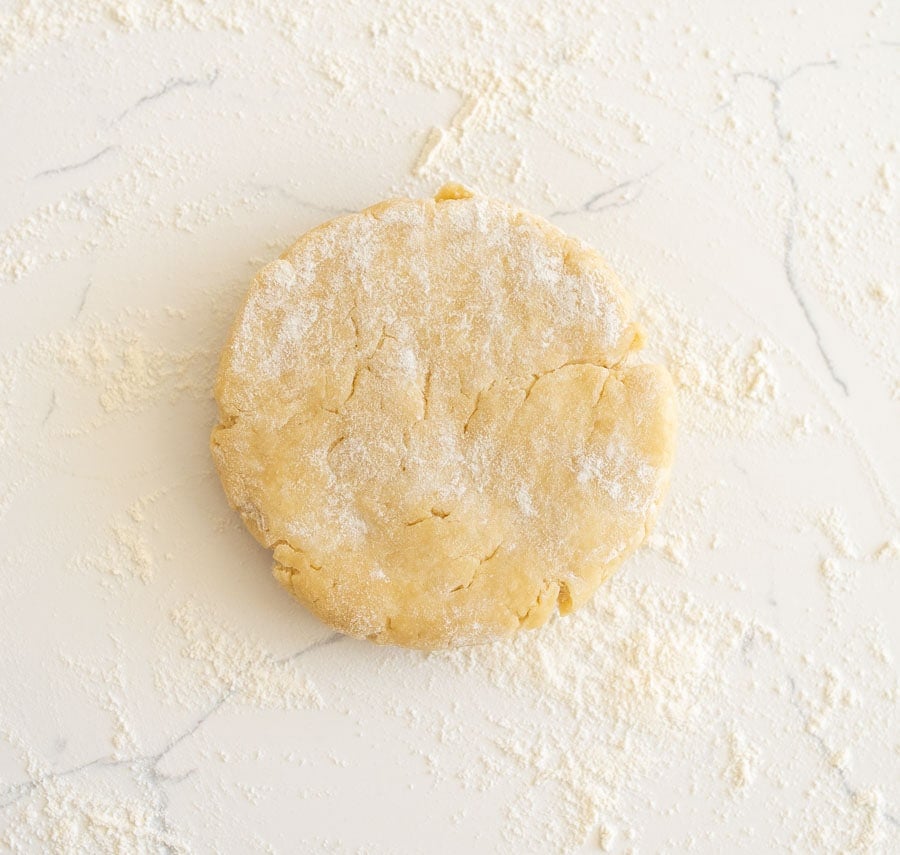 Whole pie crust on a lightly floured white counter before it is rolled out.