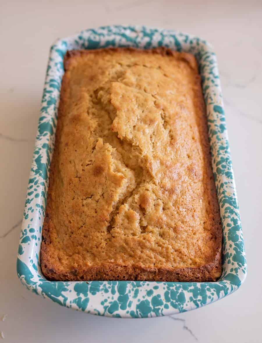 full loaf of sourdough banana bread in the tin.