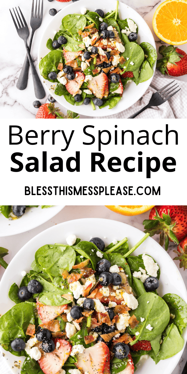 Pinterest pin with text that reads berry spinach salad recipe.