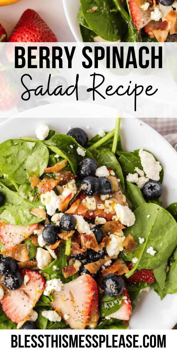 Pinterest pin with text that reads berry spinach salad recipe.