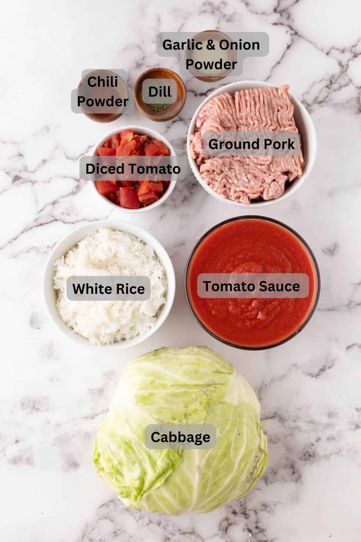 Digitally labeled ingredients for cabbage rolls. 