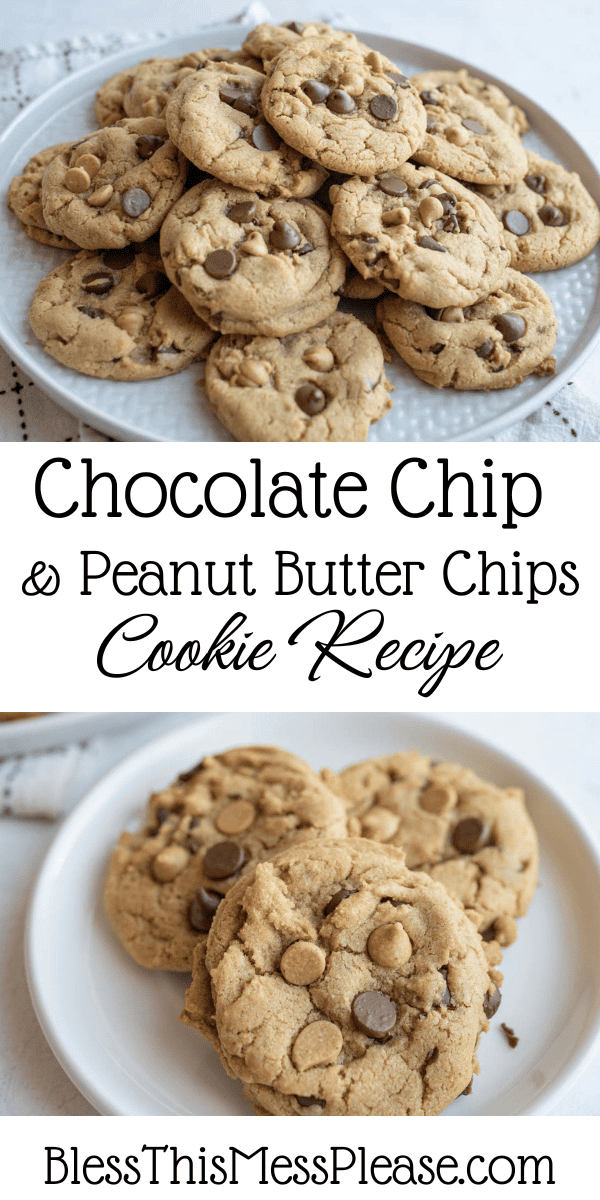 Pinterest pin with text that reads Chocolate and Peanut Butter Chip Cookie Recipe.