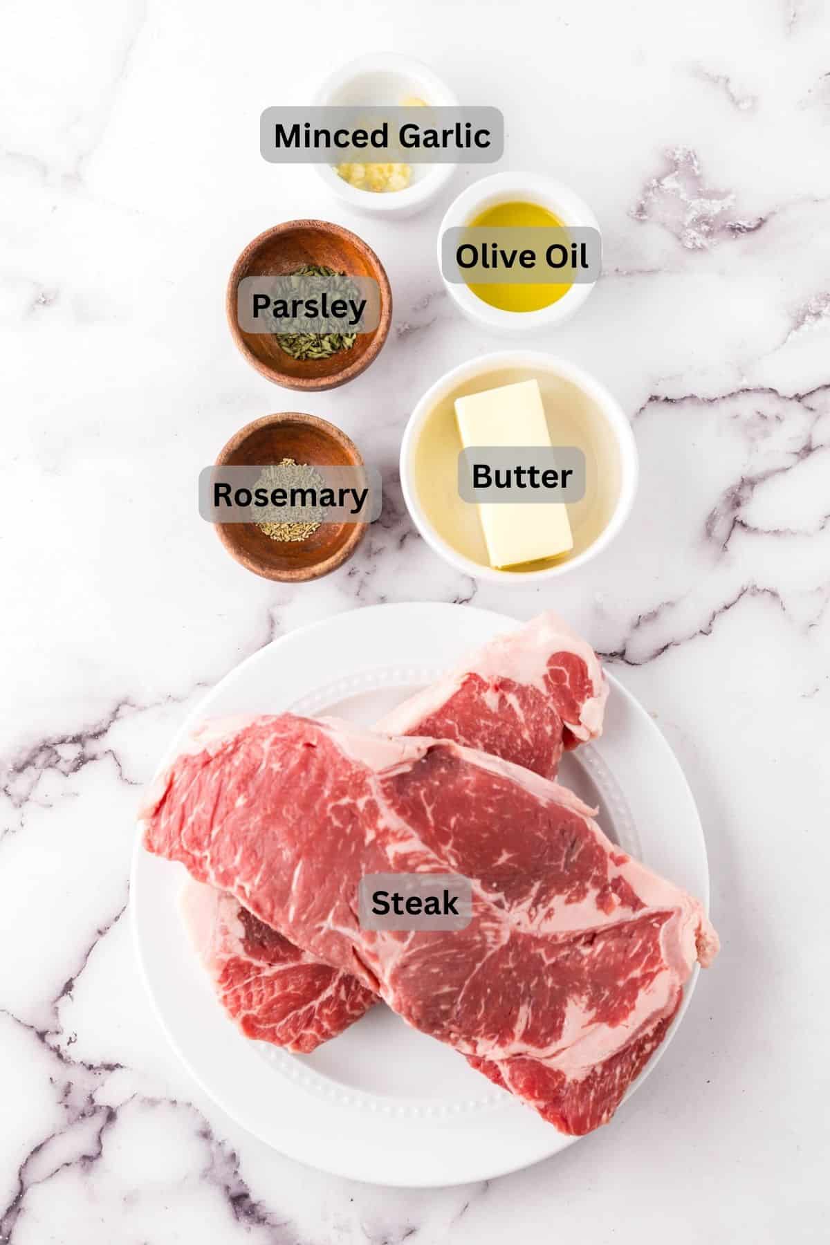 portion bowls each with digitally labeled raw ingredients to make reverse sear steaks.