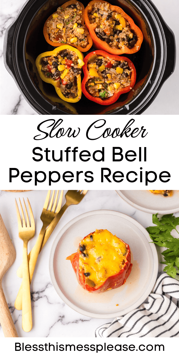 Pinterest pin with text that reads Slow Cooker Stuffed Bell Peppers Recipe.