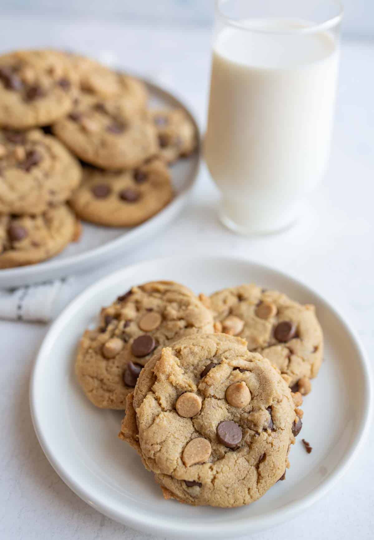 chocolate chip cookies with peanut butter chips in a pile on a round plate.