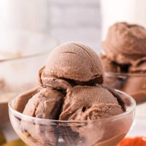 chocolate truffle ice cream scooped into a sundae glass.