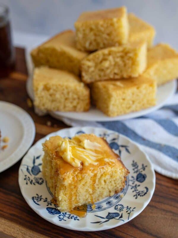 slice of cornbread with honey and butter