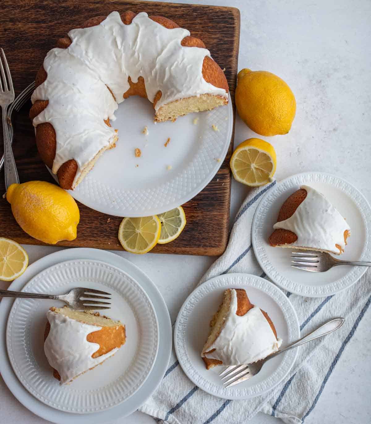 lemon bundt cake with white icing.