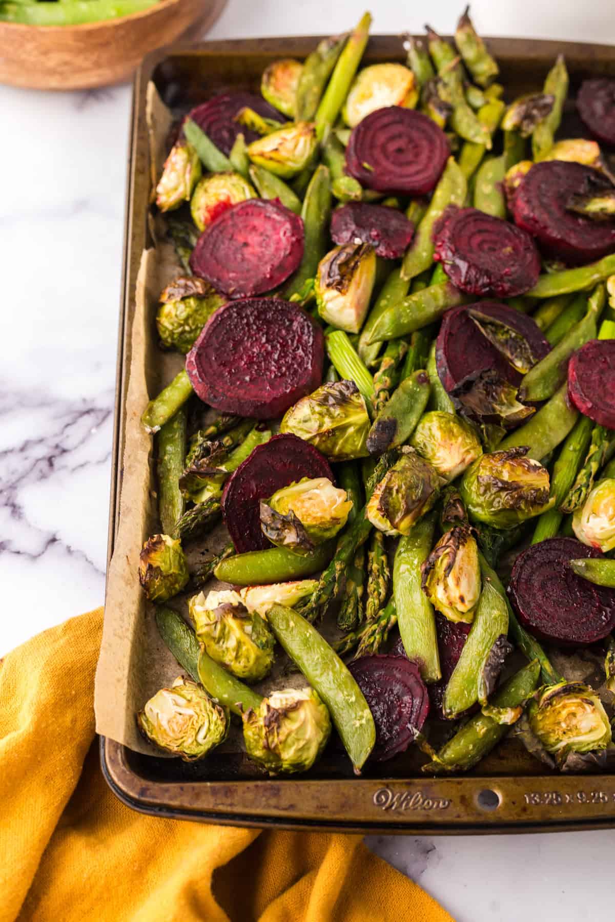 Roasted Spring Vegetables Recipe on a baking dish.