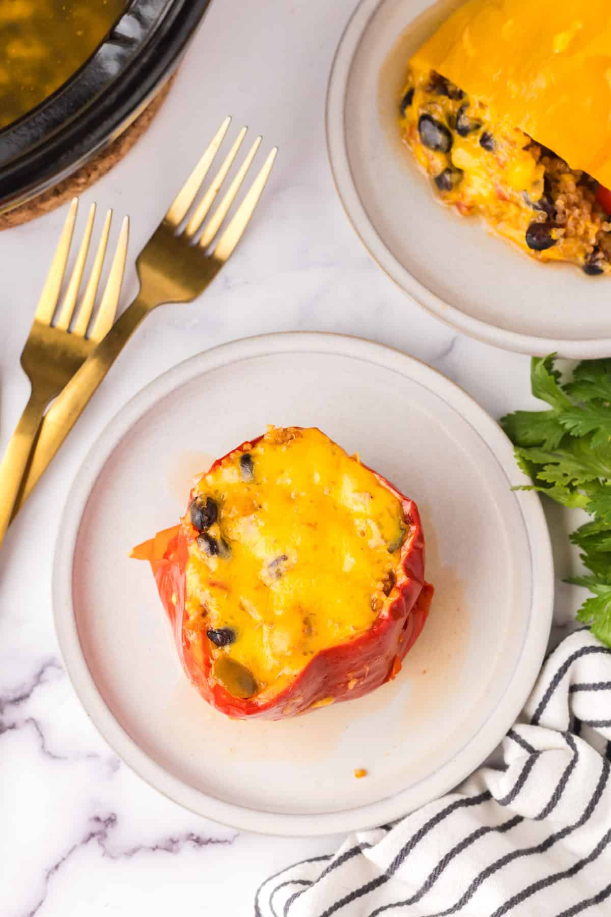 one slow cooked stuffed bell pepper on a round white plate.
