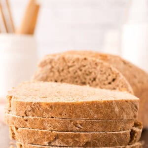 sliced loaf of homemade wheat bread.